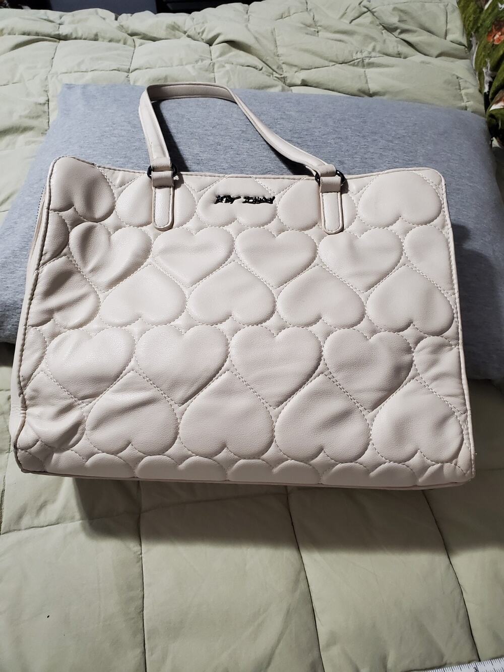 Betsey Johnson Heart Quilted Tote Bag Cream Faux Leather